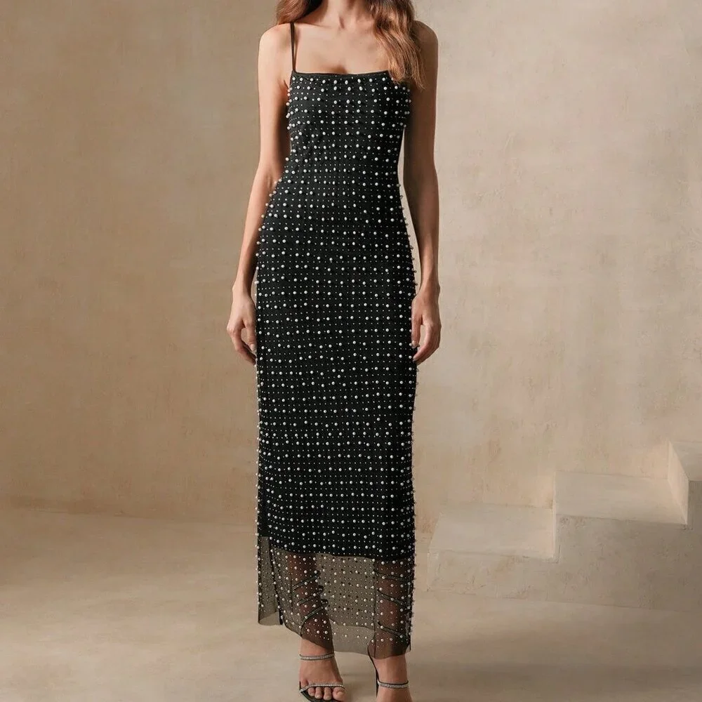 Black Party Women's Sequin Patchwork Summer Strappy Dress - Picture 6 of 7
